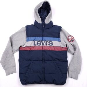 Levis Puffer Vest Youth Large Blue Striped Spell Out Full Zip Long Sleeve Hooded